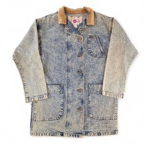 Vintage 80s Lee Long Line Denim Corduroy Collar Chore Barn Jacket Medium USA